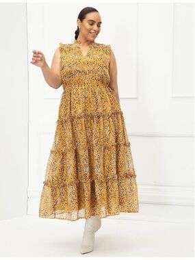 Eloquii Elements size 28 Yellow V-neck Lined Tiered Ruffled Midi Dress Mustard